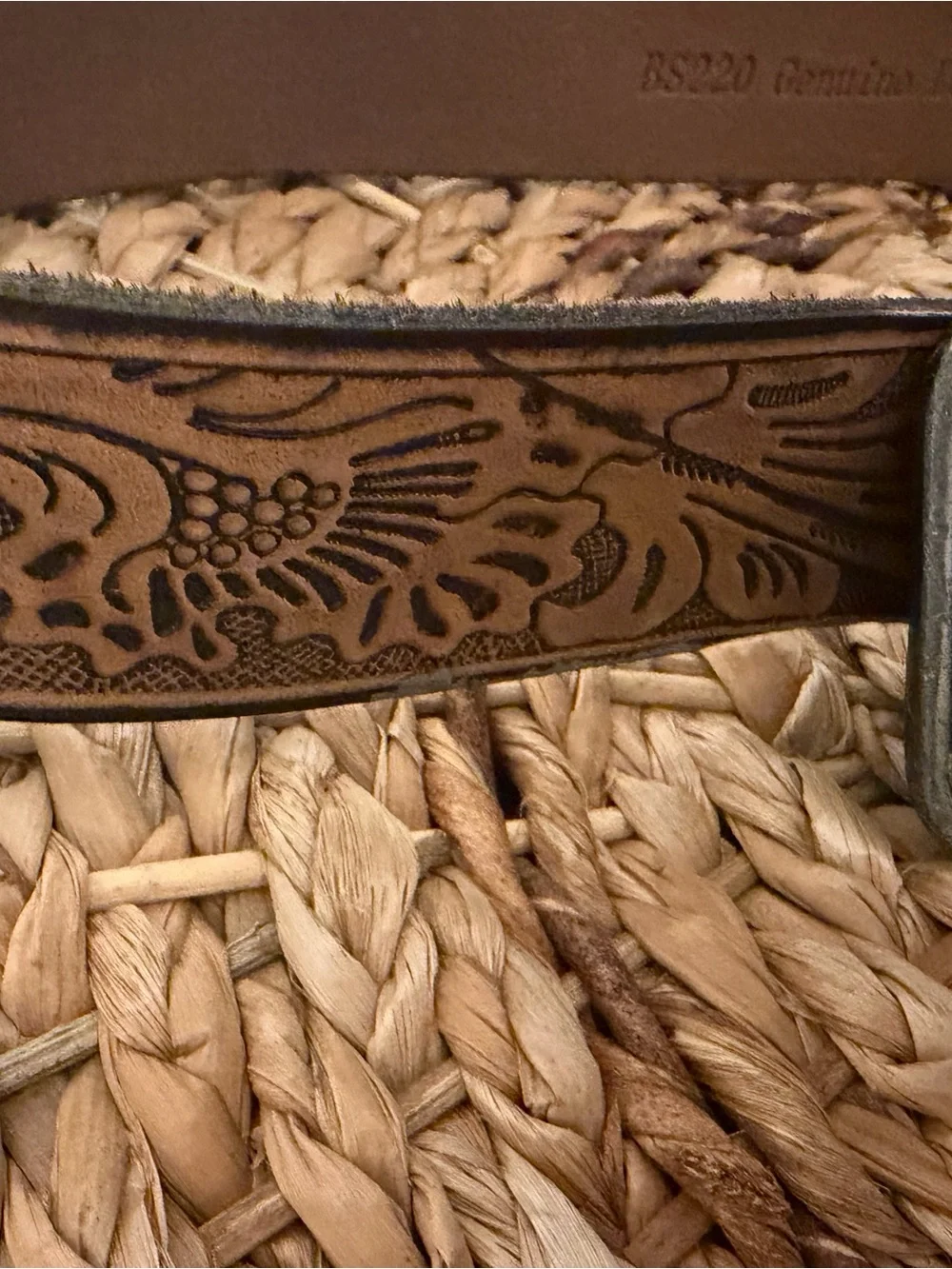 Brown Tooled Leather Men's Belt with Silver Buckle